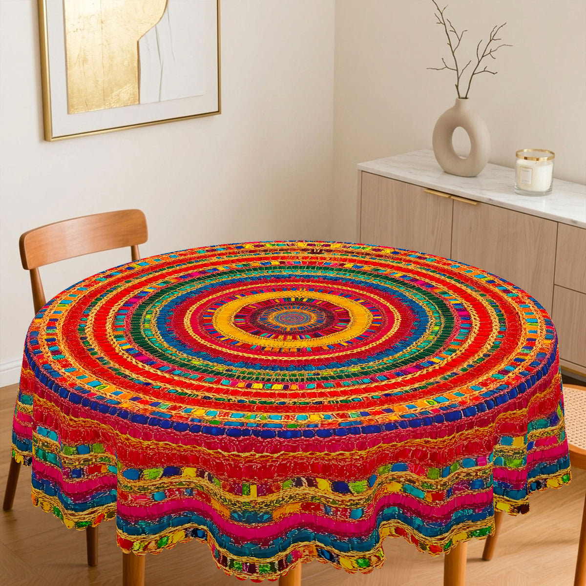 Colorful Boho Geometric Round Tablecloth, Decorative Dining Table Cover for Dining, Party, Patio & Boho Home Decor - BX010-1-152R - image 2