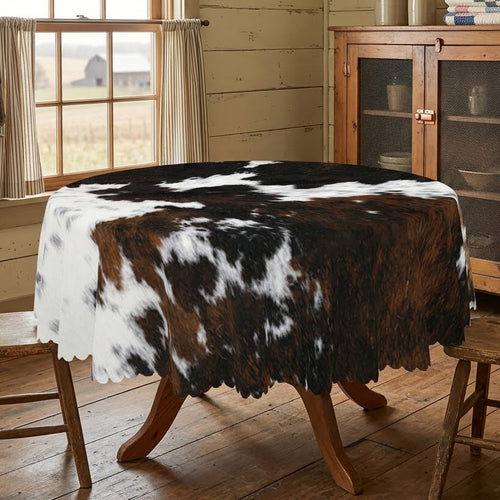 Cowhide Western Print Round Tablecloth, Decorative Dining Table Cover for Dining, Party & Western Farmhouse Decor - DW357-1-152R - image 2