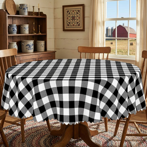 Black & White Buffalo Check Round Tablecloth, Decorative Dining Table Cover for Kitchen, Dining, Picnic & Farmhouse Decor - G300-1-152R - image 2