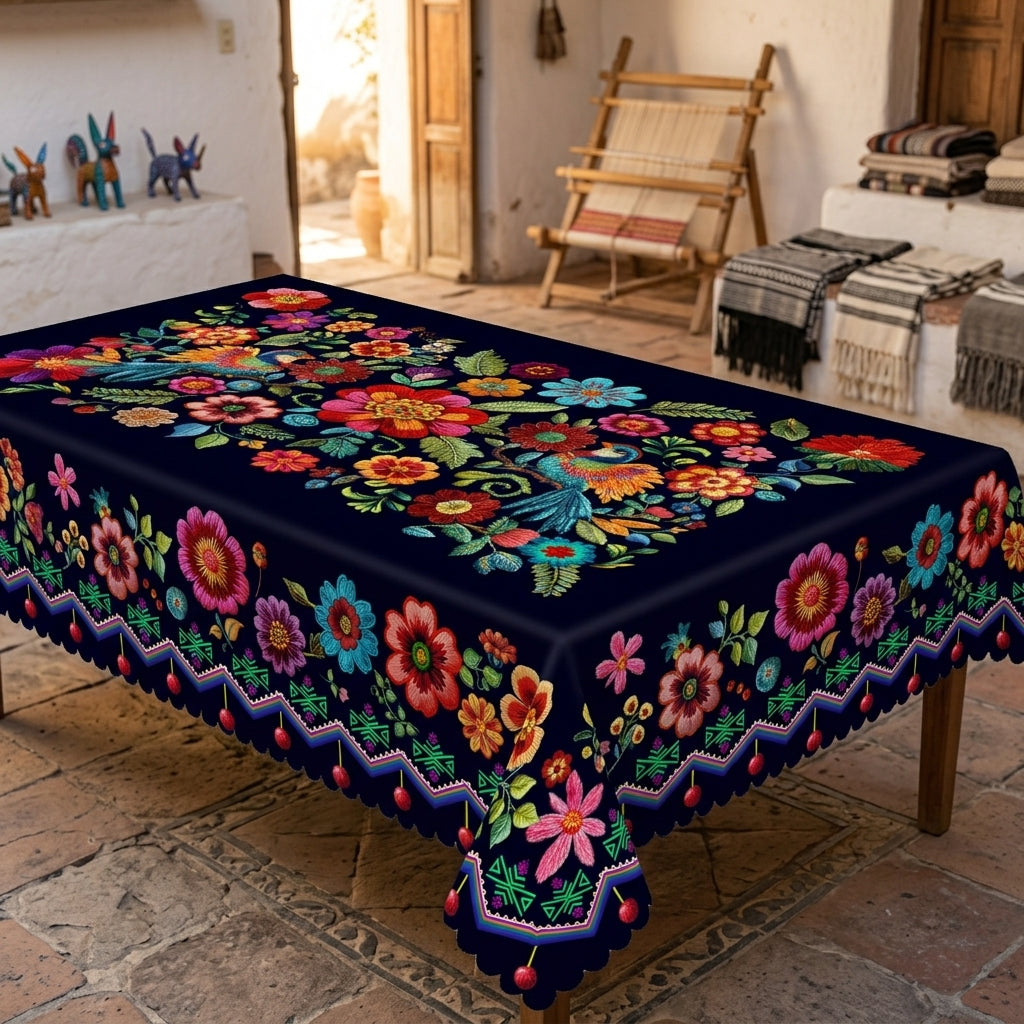 Navy Folk Floral Tablecloth, Decorative Dining Table Cover for Dining Room, Kitchen & Boho Home Decor - BH017-1-140 - image 2