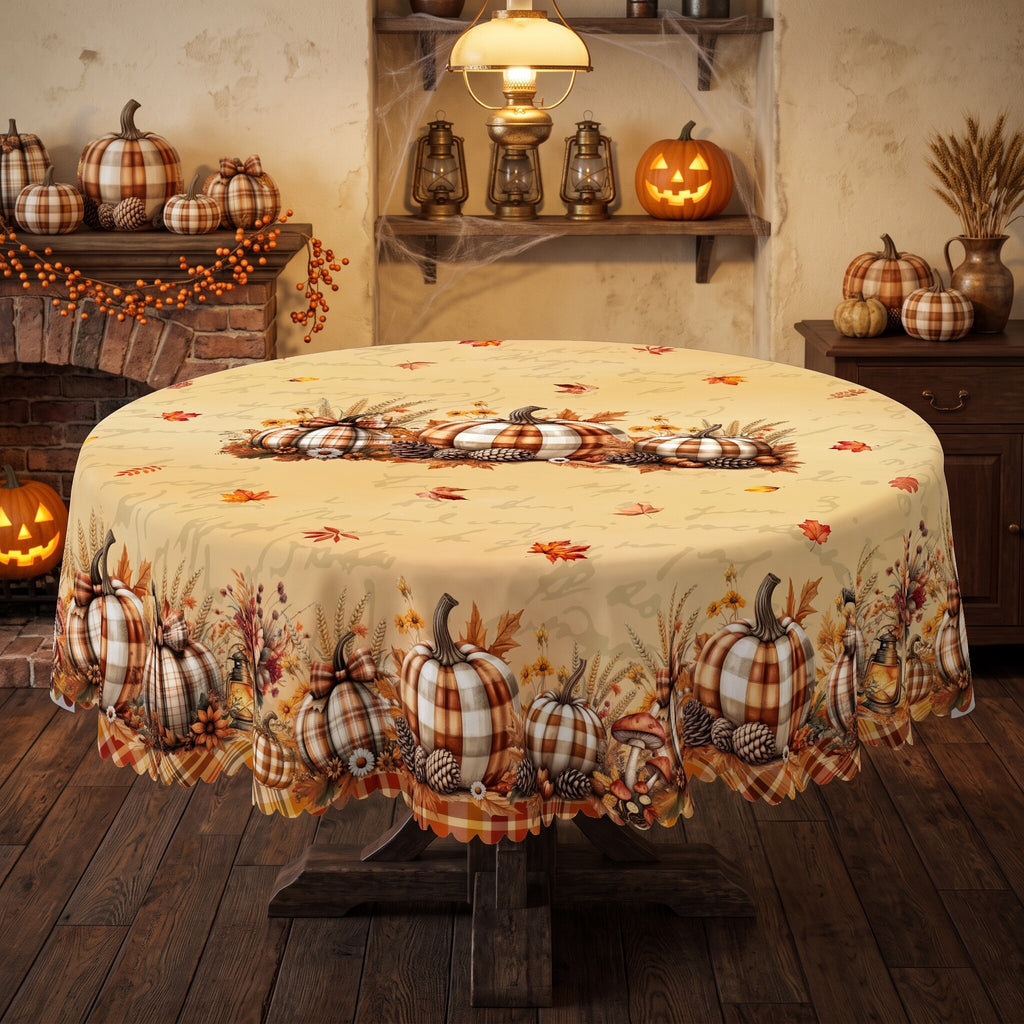 Plaid Pumpkin Harvest Round Tablecloth, Decorative Dining Table Cover for Dining, Thanksgiving & Farmhouse Fall Decor - BQ006-180R - image 2