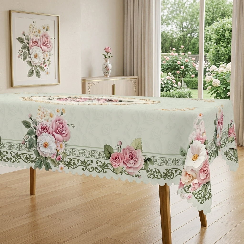Vintage Pink Rose Floral Tablecloth, Decorative Dining Table Cover for Dining Room, Kitchen & Elegant Home Decor - H074-220 - image 2