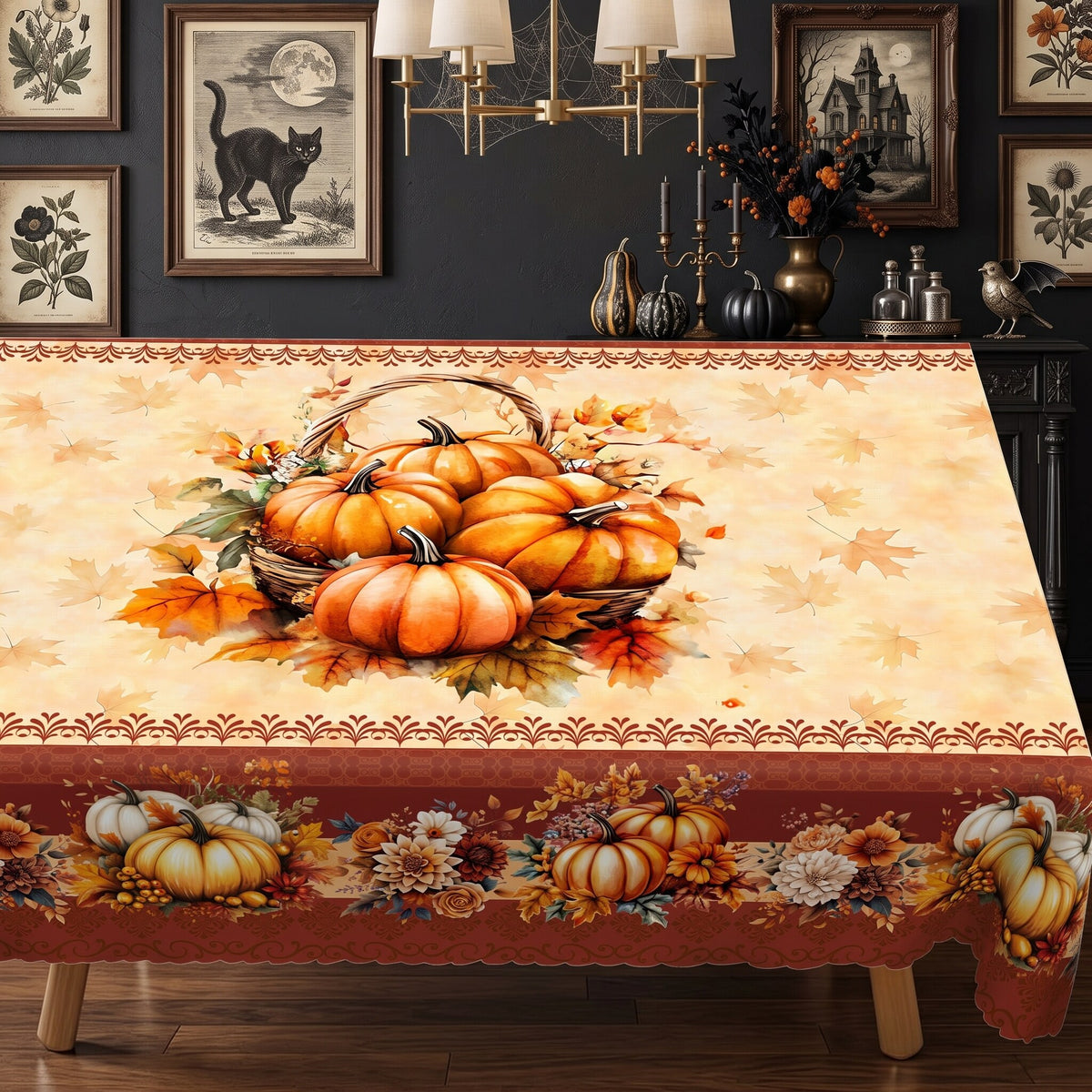 Pumpkin Harvest Border Tablecloth, Decorative Dining Table Cover for Dining, Thanksgiving & Farmhouse Fall Decor - BQ017-220 - image 2