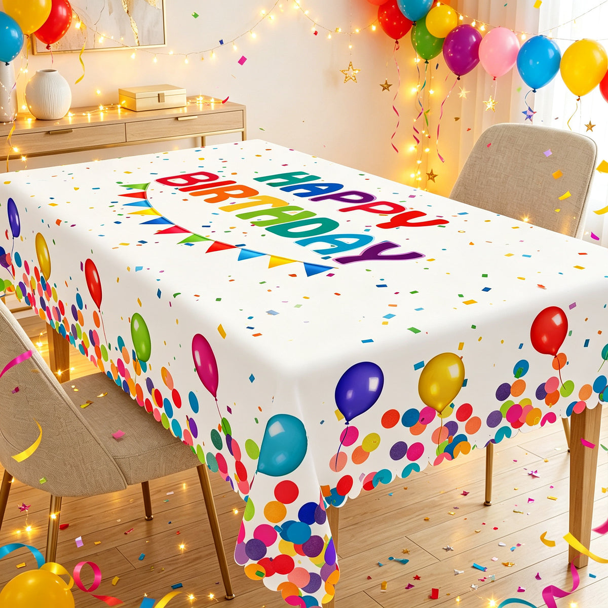 Happy Birthday Balloon Tablecloth, Decorative Dining Table Cover for Birthday Parties, Dining & Celebration Decor - HBD001-1-220 - image 2