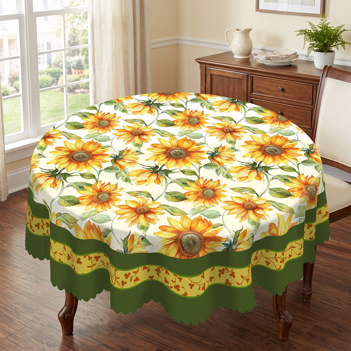 Sunflower Green Border Round Tablecloth, Decorative Dining Table Cover for Dining Room, Patio & Garden Parties - BH006-152R - image 2