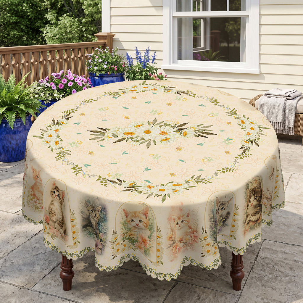 Kitten & Daisy Floral Round Tablecloth, Decorative Dining Table Cover for Kitchen, Dining & Pet Lover Home Decor - BM002-1-152R - image 2