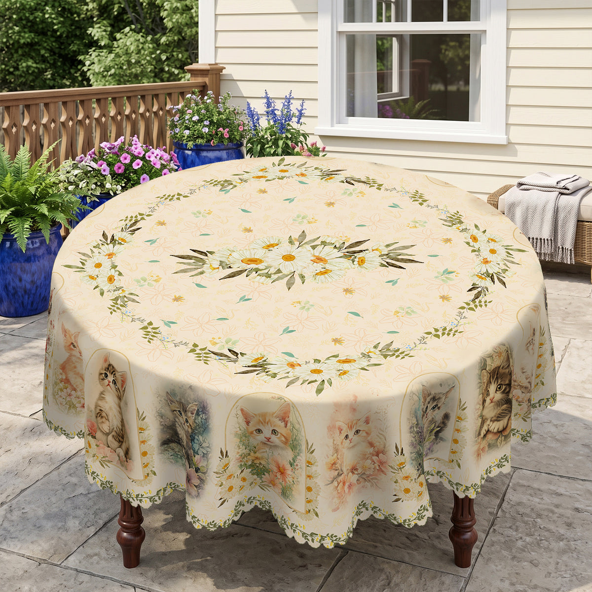 Kitten & Daisy Floral Round Tablecloth, Decorative Dining Table Cover for Kitchen, Dining & Pet Lover Home Decor - BM002-1-152R - image 2