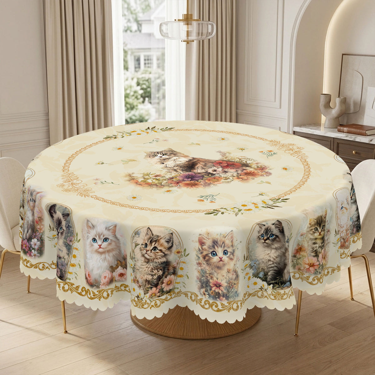 Vintage Cat Cameo Floral Round Tablecloth, Decorative Dining Table Cover for Kitchen, Dining & Pet Lover Home Decor - BM004-152R - image 2