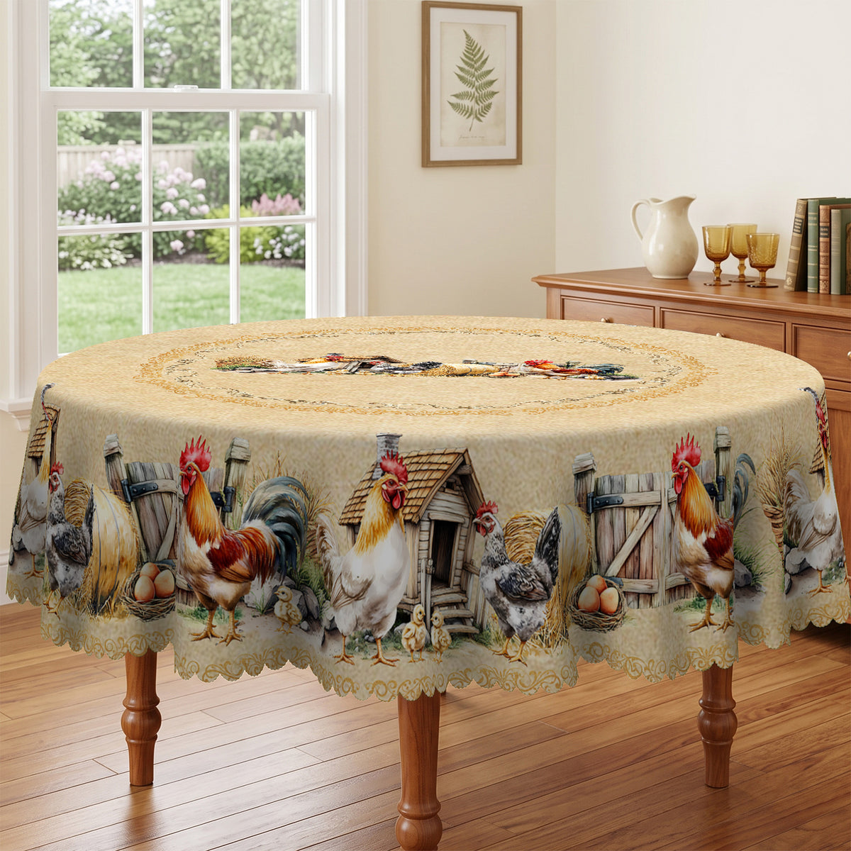Vintage Farm Rooster Floral Round Tablecloth, Decorative Dining Table Cover for Kitchen, Dining & Farmhouse Home Decor - BN007-1-152R - image 2