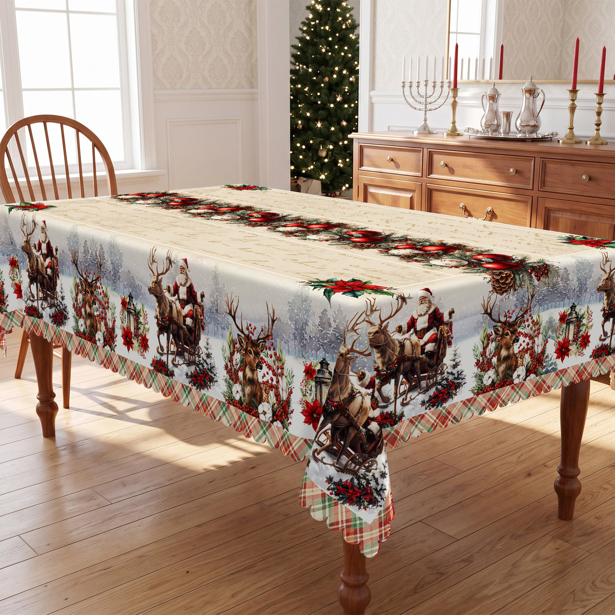 Christmas Reindeer & Holly Tablecloth, Decorative Dining Table Cover for Dining, Holiday Parties & Christmas Decor - BS011-220 - image 2