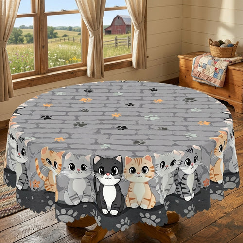 Cute Cat & Paw Print Round Tablecloth, Decorative Dining Table Cover for Kitchen, Dining & Cat Lover Home Decor - M018-152R - image 2