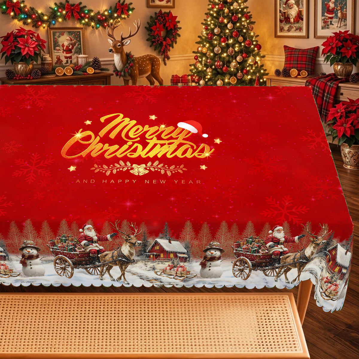 Merry Christmas Red Tablecloth, Decorative Dining Table Cover for Dining, Holiday Parties & Christmas Decor - BS036-140 - image 2