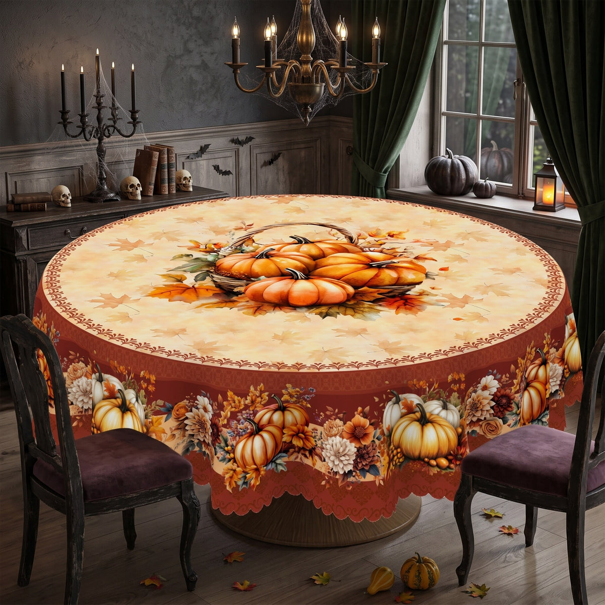 Pumpkin Harvest Border Round Tablecloth, Decorative Dining Table Cover for Dining, Thanksgiving & Farmhouse Fall Decor - BQ017-180R - image 2