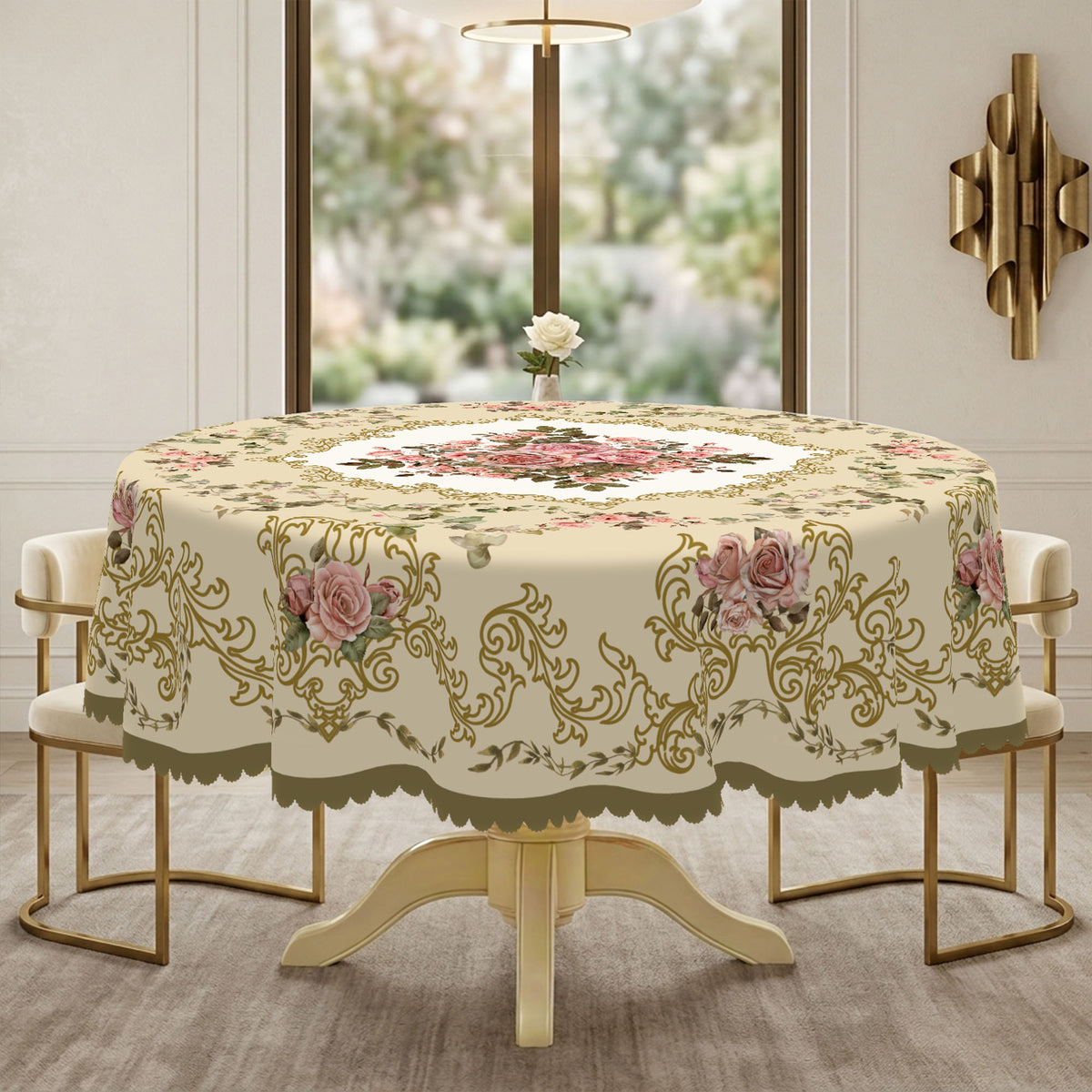 Vintage Pink Rose Medallion Round Tablecloth, Decorative Dining Table Cover for Dining, Holidays & Elegant Home Decor - BH012-1-180 - image 2