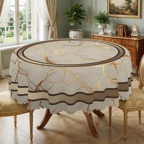 Beige Marble Gold Geometric Round Tablecloth, Decorative Dining Table Cover for Dining Room, Kitchen & Modern Home Decor - JH006-1-152R - image 2