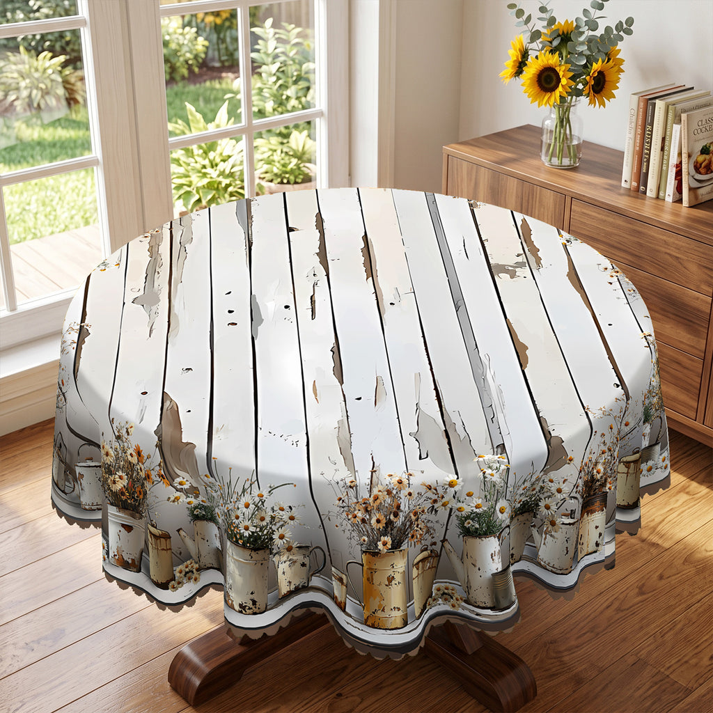 Whitewashed Wood Plank Daisy Round Tablecloth, Decorative Dining Table Cover for Kitchen, Dining & Farmhouse Home Decor - BN008-1-152R - image 2