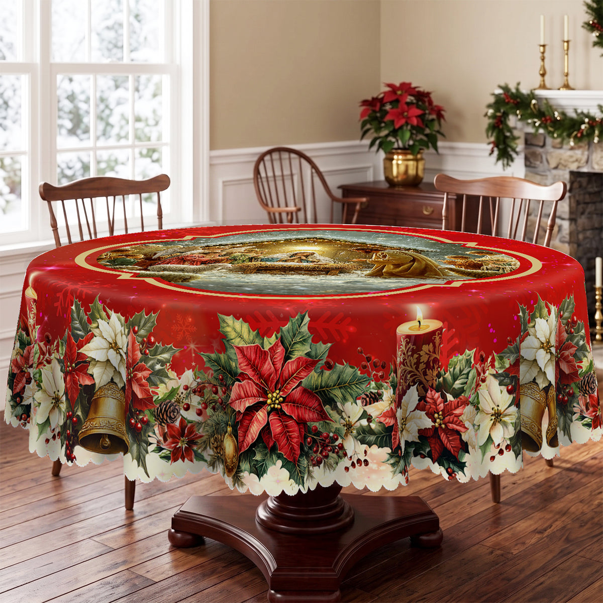 Christmas Santa Holiday Scene Round Tablecloth, Decorative Dining Table Cover for Dining, Holiday Parties & Christmas Decor - BS028-180R - image 2
