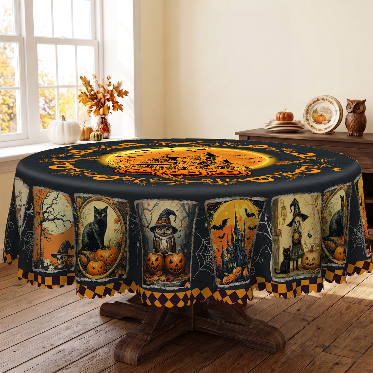 Halloween Cat & Pumpkin Round Tablecloth, Decorative Dining Table Cover for Halloween Parties, Dining & Fall Decor - BW001-180R - image 2