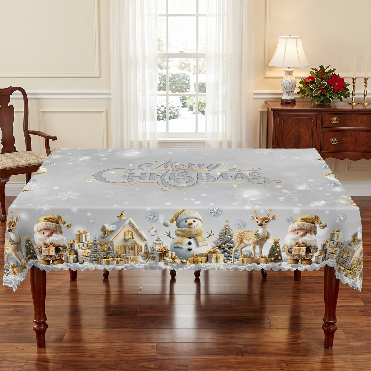 Christmas Silver Snowflake Tablecloth, Decorative Dining Table Cover for Dining, Holiday Parties & Winter Decor - BS021-220 - image 2