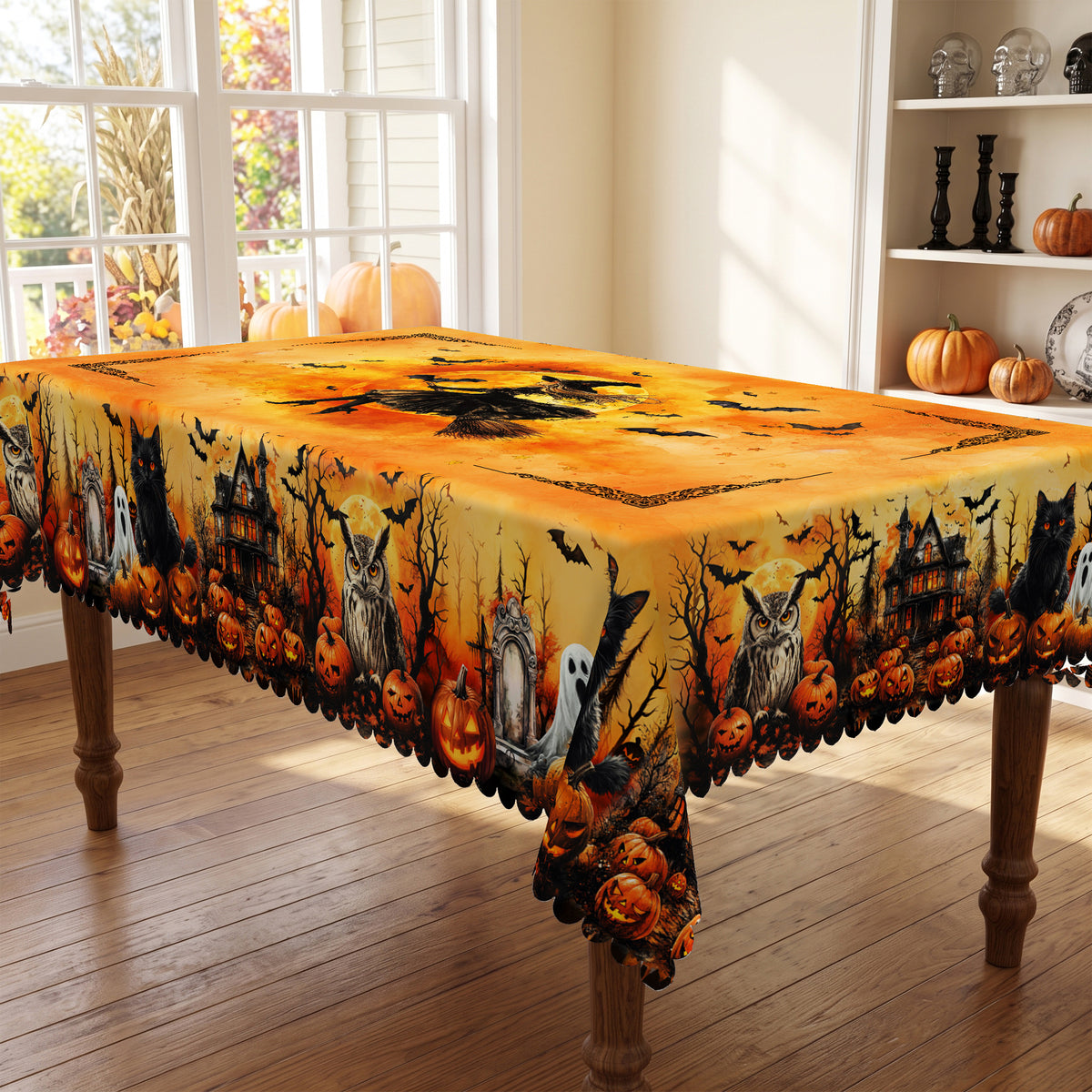 Halloween Pumpkin & Bats Tablecloth, Decorative Dining Table Cover for Halloween Parties, Dining & Fall Decor - BW002-220 - image 2
