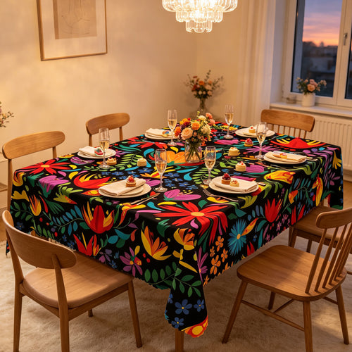 Black Folk Floral Tablecloth, Decorative Dining Table Cover for Dining, Party & Boho Home Decor - BF001-1-180 - image 2