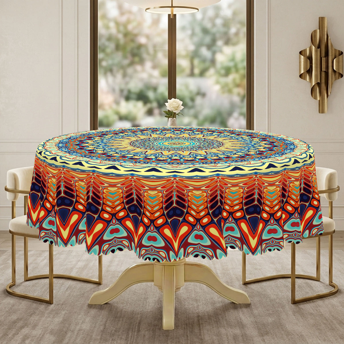 Colorful Boho Mandala Round Tablecloth, Decorative Dining Table Cover for Dining, Party, Patio & Boho Home Decor - BBX003-1-152R - image 2