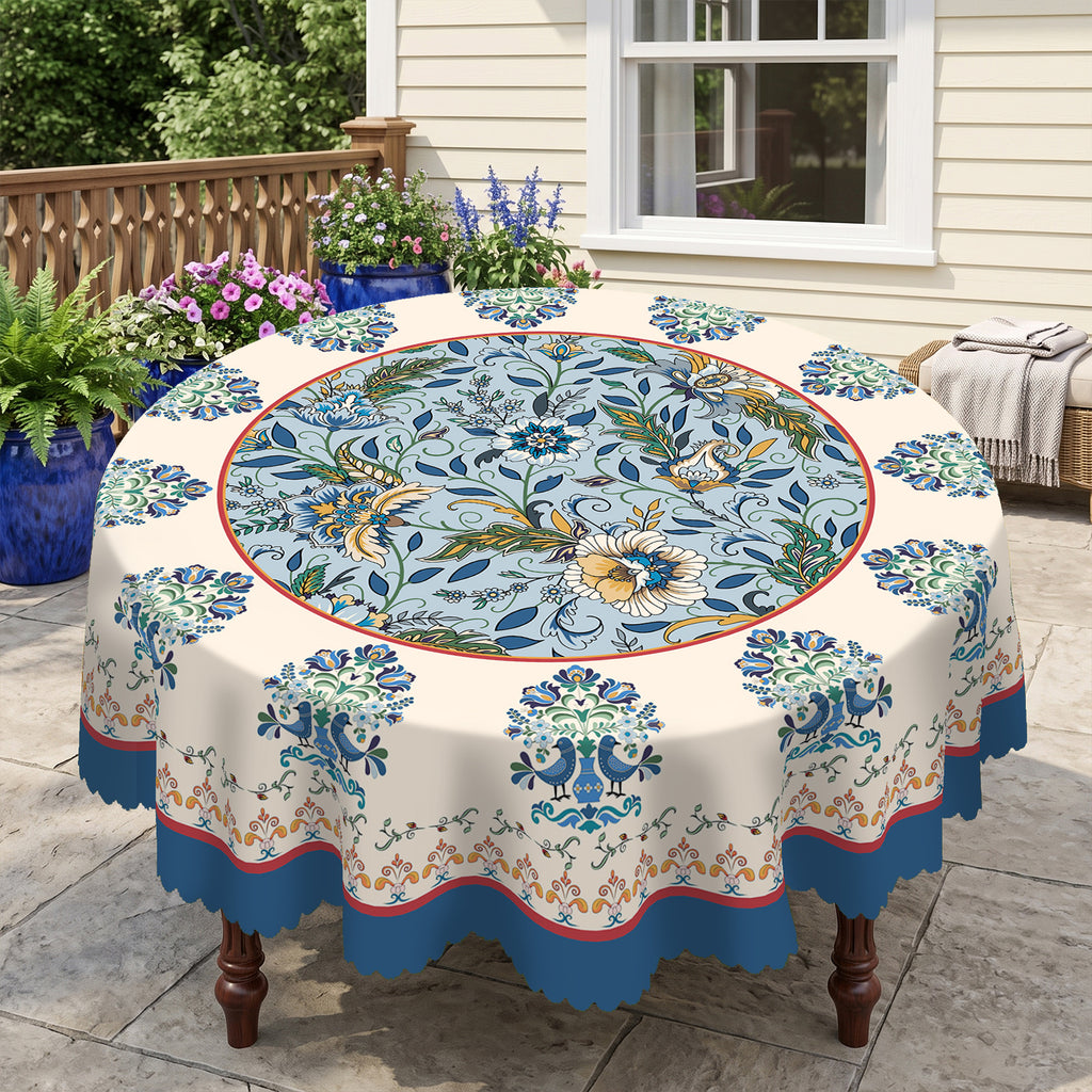 Blue Folk Floral Peacock Round Tablecloth, Decorative Dining Table Cover for Dining Room, Patio & Garden Party Decor - BH014-152R - image 2