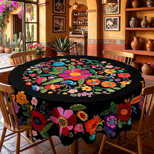 Black Mexican Floral Round Tablecloth, Decorative Dining Table Cover for Dining, Party & Boho Home Decor - BH015-1-152R - image 2