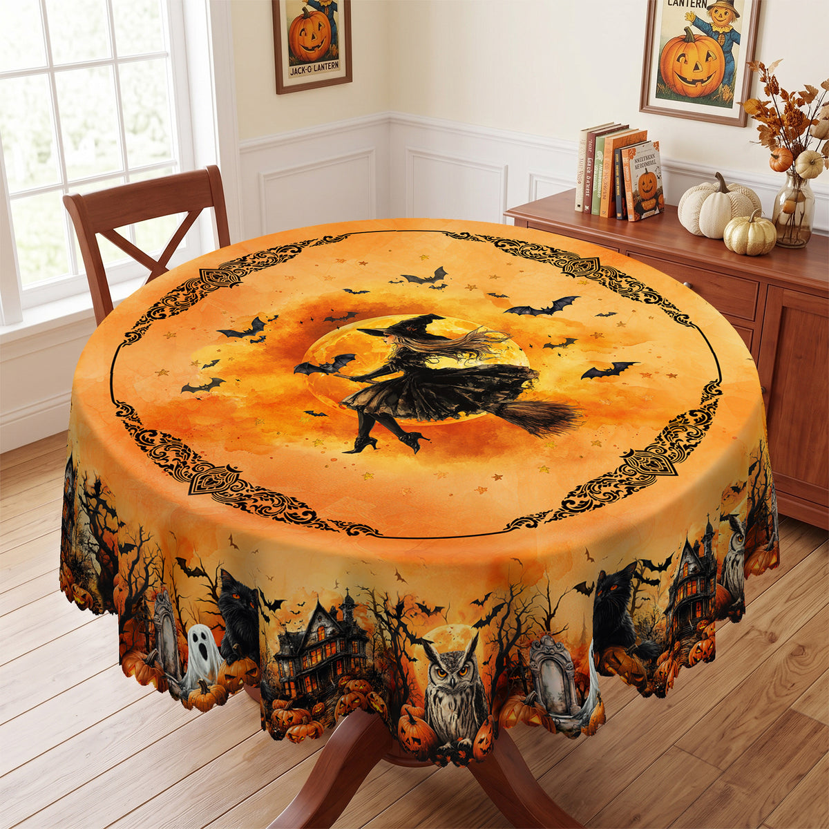 Halloween Pumpkin & Bats Round Tablecloth, Decorative Dining Table Cover for Halloween Parties, Dining & Fall Decor - BW002-152R - image 2