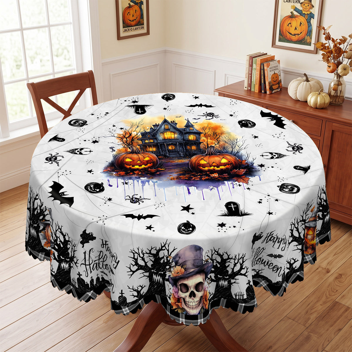 Halloween Spooky Garden Round Tablecloth, Decorative Dining Table Cover for Halloween Parties, Dining & Fall Decor - BW003-152R - image 2