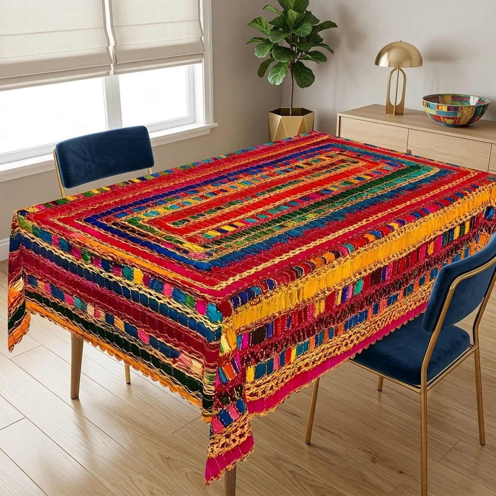 Colorful Boho Geometric Tablecloth, Decorative Dining Table Cover for Dining, Party, Patio & Boho Home Decor - BX010-1-220 - image 2