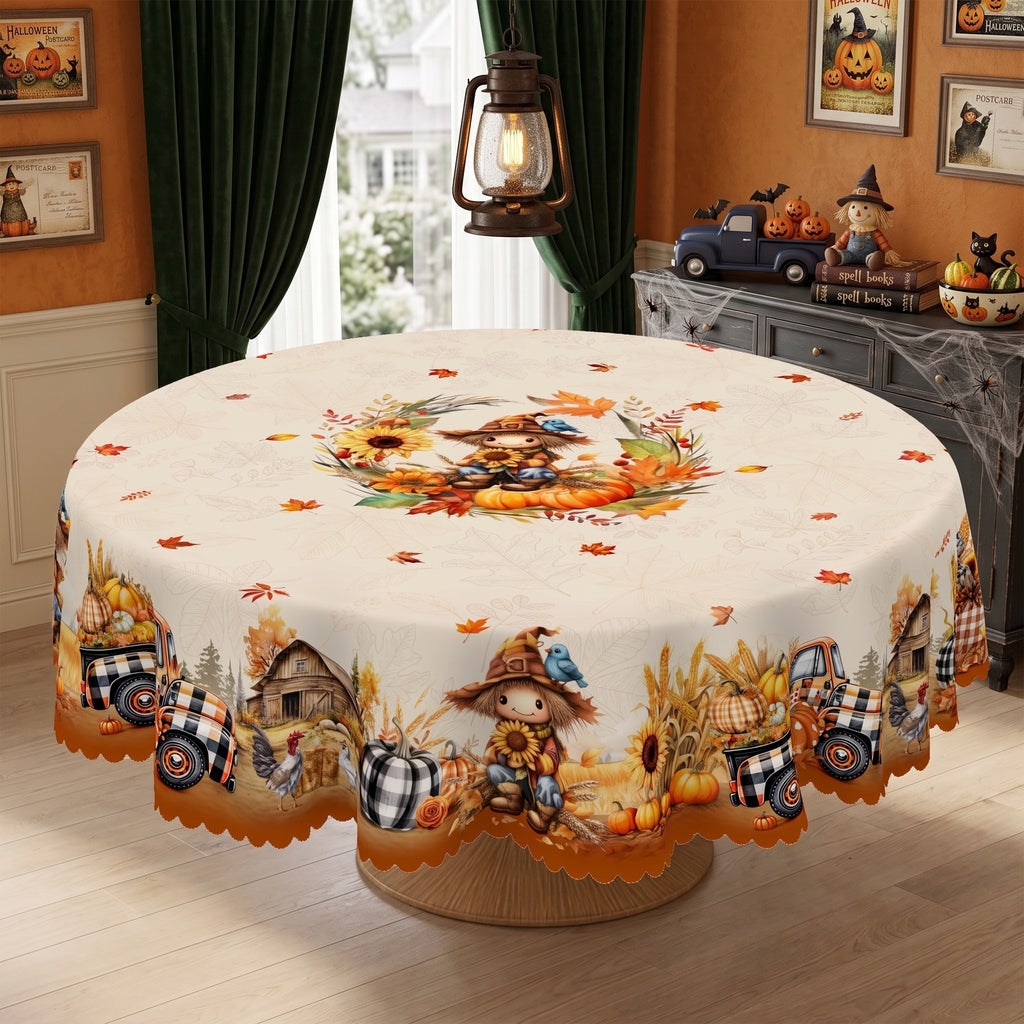 Autumn Scarecrow Harvest Round Tablecloth, Decorative Dining Table Cover for Dining, Thanksgiving & Farmhouse Fall Decor - BQ011-180R - image 2