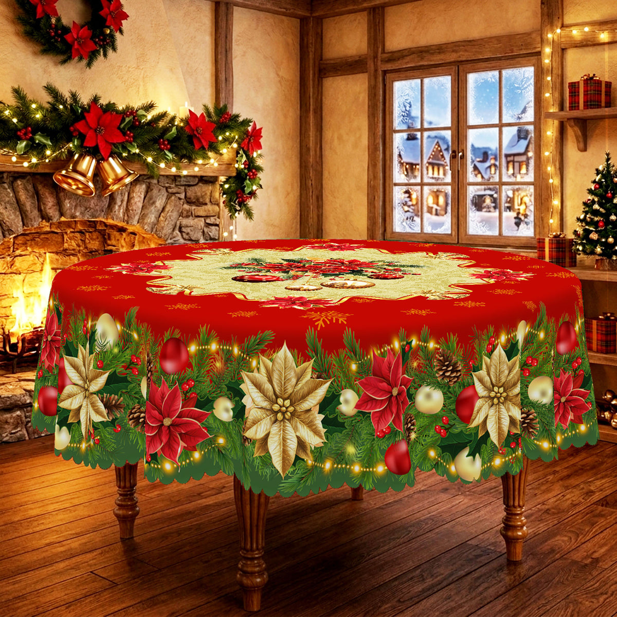 Christmas Holly & Ribbon Round Tablecloth, Decorative Dining Table Cover for Dining, Holiday Parties & Christmas Decor - BS038-152R - image 2
