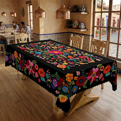Black Mexican Floral Tablecloth, Decorative Dining Table Cover for Dining, Party & Boho Home Decor - BH015-1-140 - image 2