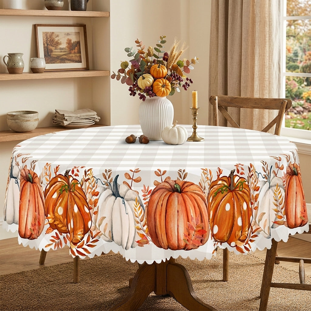 Fall Pumpkin Gingham Round Tablecloth, Decorative Dining Table Cover for Thanksgiving, Fall Dining & Farmhouse Decor - BQ001-152R - image 3