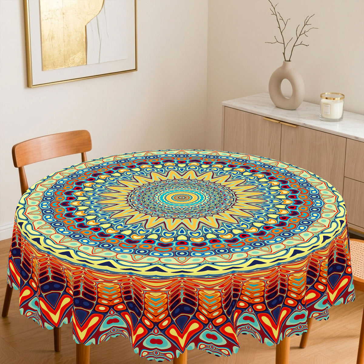 Colorful Boho Mandala Round Tablecloth, Decorative Dining Table Cover for Dining, Party, Patio & Boho Home Decor - BBX003-1-152R - image 3