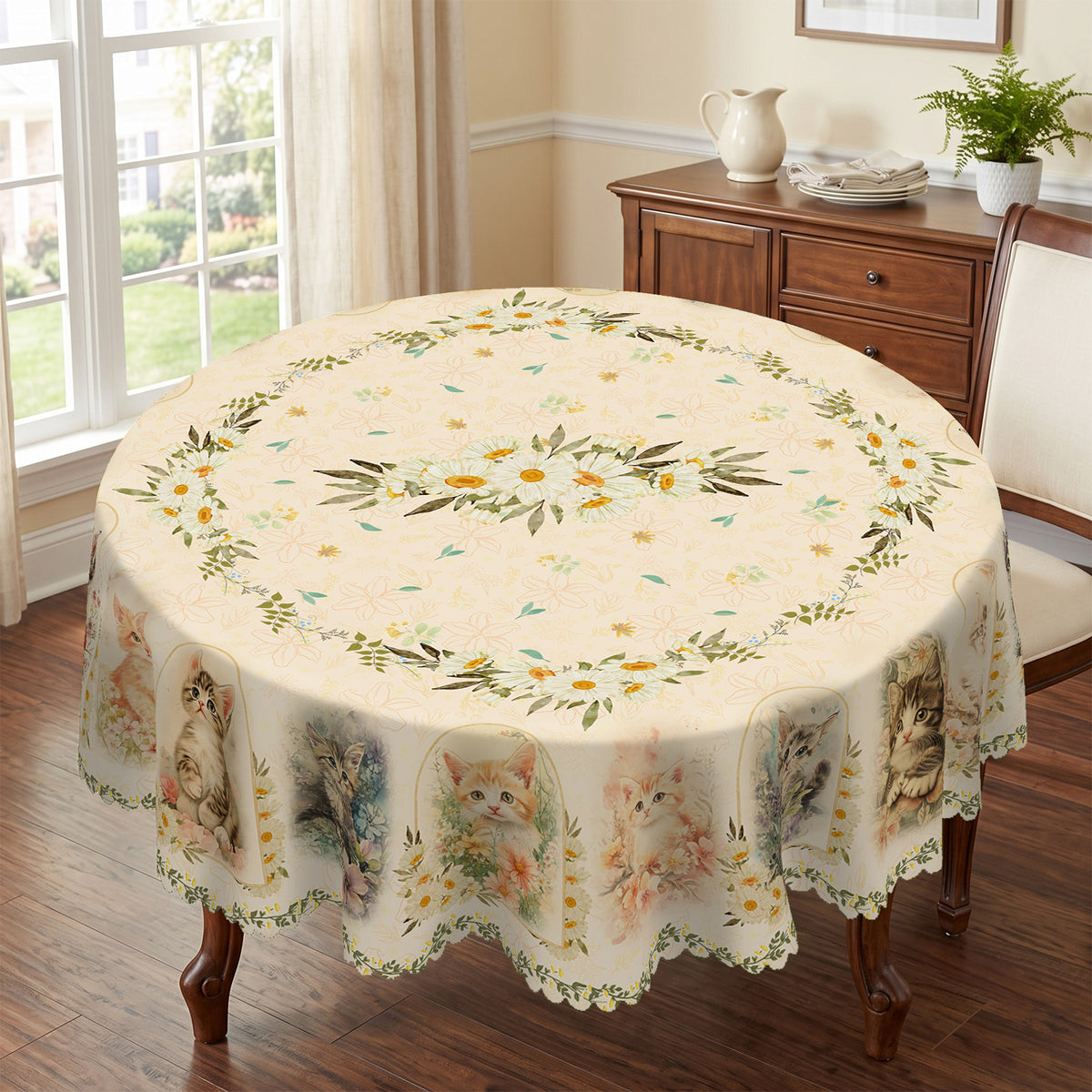Kitten & Daisy Floral Round Tablecloth, Decorative Dining Table Cover for Kitchen, Dining & Pet Lover Home Decor - BM002-1-152R - image 3