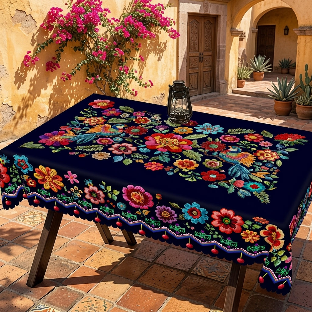 Navy Folk Floral Tablecloth, Decorative Dining Table Cover for Dining Room, Kitchen & Boho Home Decor - BH017-1-140 - image 3