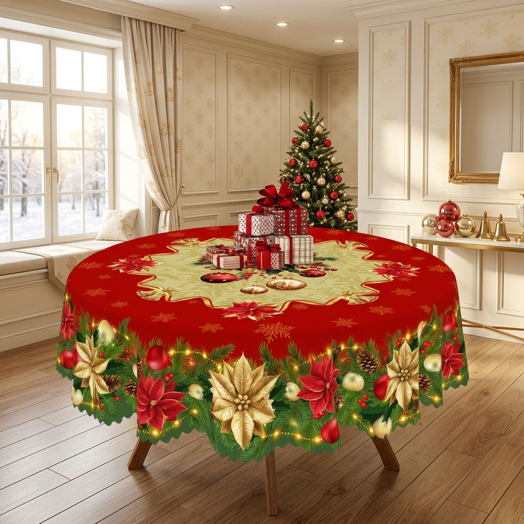 Christmas Holly & Ribbon Round Tablecloth, Decorative Dining Table Cover for Dining, Holiday Parties & Christmas Decor - BS038-152R - image 3