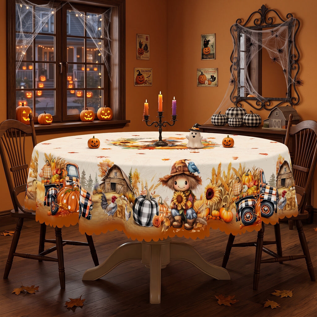 Autumn Scarecrow Harvest Round Tablecloth, Decorative Dining Table Cover for Dining, Thanksgiving & Farmhouse Fall Decor - BQ011-180R - image 3