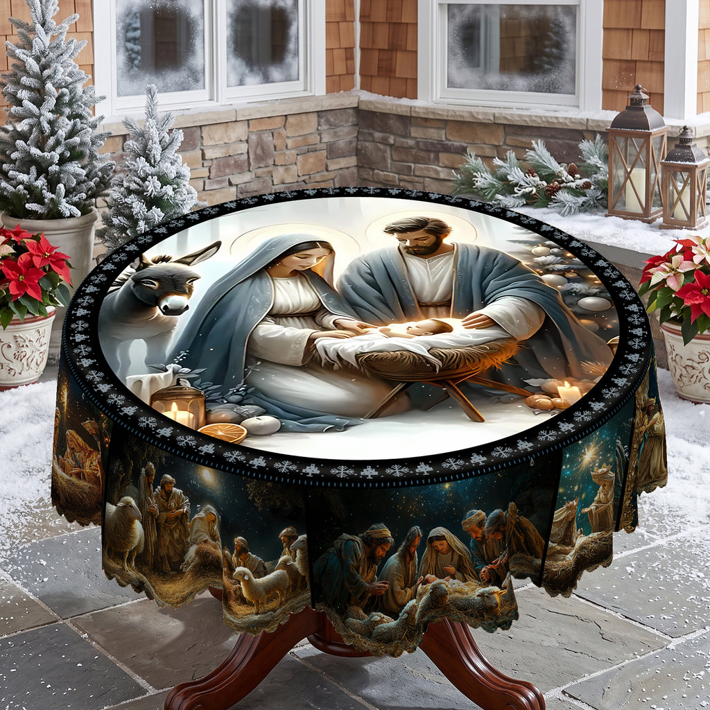 Christmas Nativity Scene Round Tablecloth, Decorative Dining Table Cover for Dining, Holiday Parties & Christmas Decor - SJ063-152R - image 3