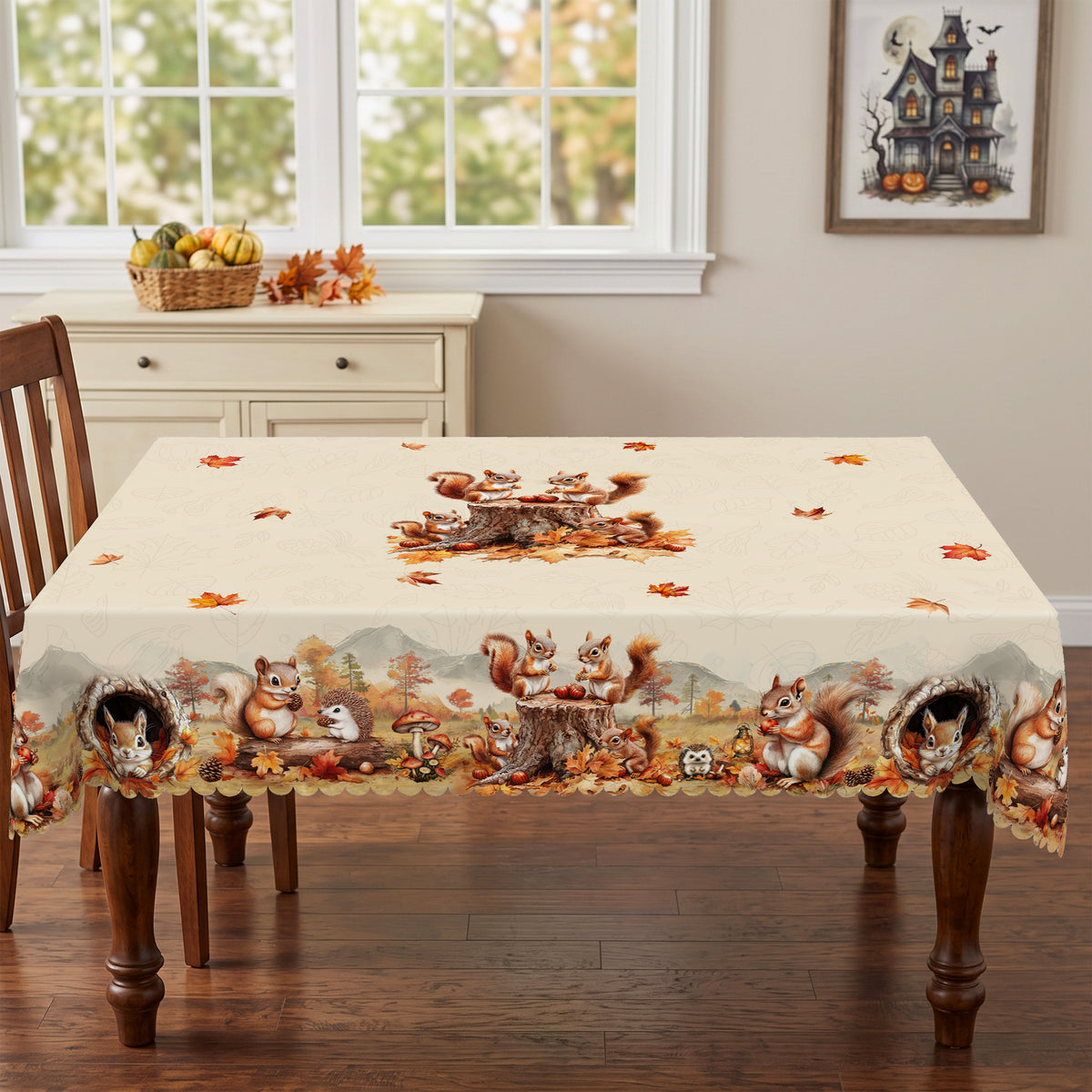 Autumn Squirrel Harvest Tablecloth, Decorative Dining Table Cover for Dining, Thanksgiving & Fall Home Decor - BQ015-140 - image 3