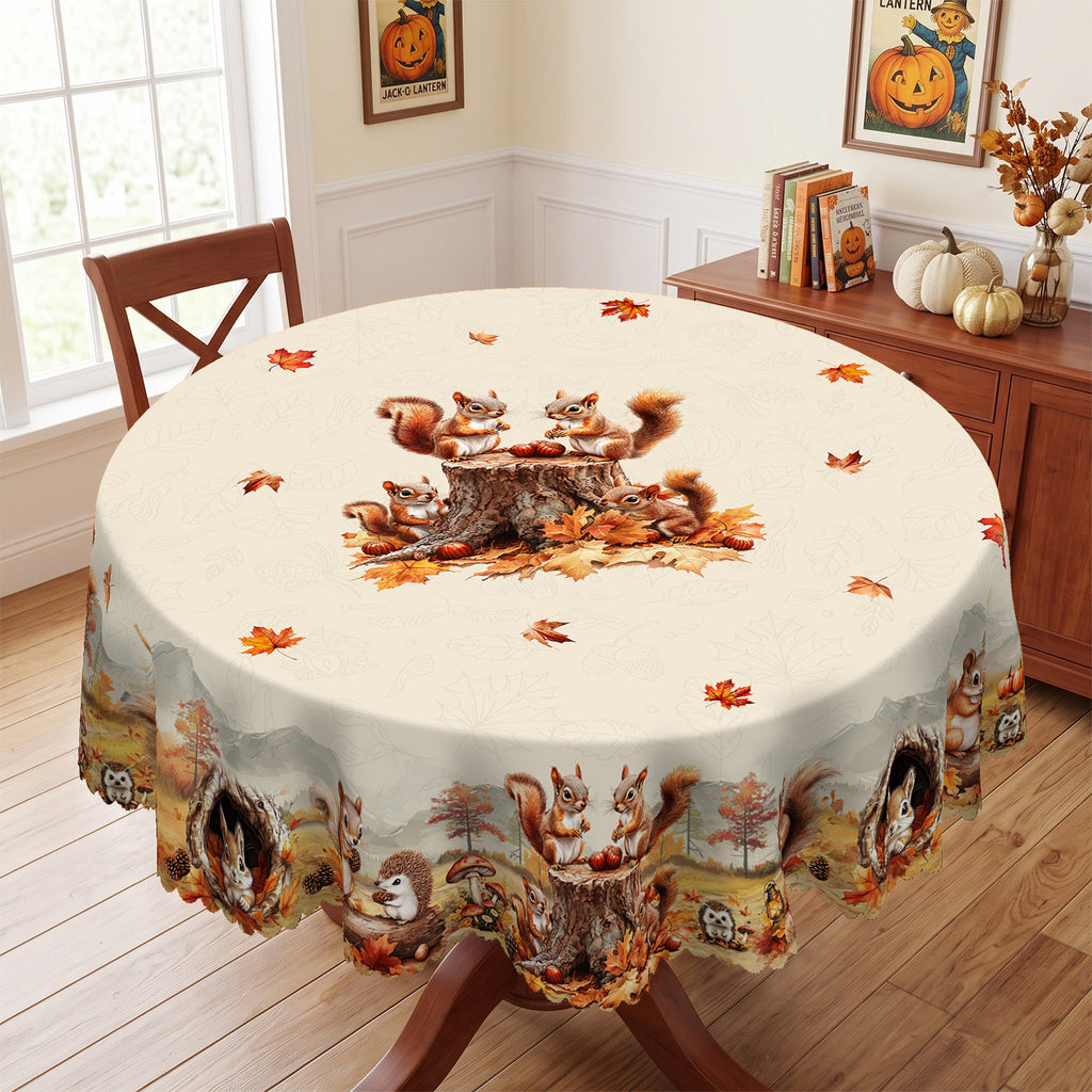 Autumn Squirrel Harvest Round Tablecloth, Decorative Dining Table Cover for Dining, Thanksgiving & Fall Home Decor - BQ015-152R - image 3