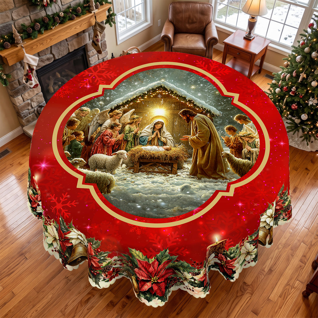 Christmas Santa Holiday Scene Round Tablecloth, Decorative Dining Table Cover for Dining, Holiday Parties & Christmas Decor - BS028-180R - image 3