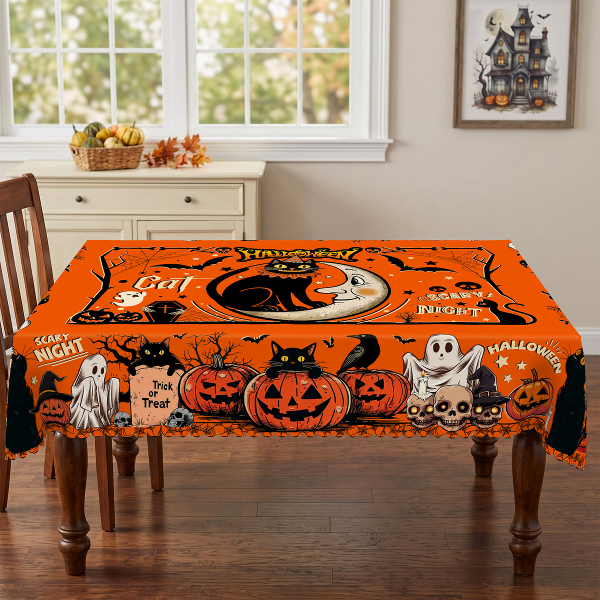 Halloween Pumpkin & Cat Tablecloth, Decorative Dining Table Cover for Halloween Parties, Dining & Fall Decor - BW007-140 - image 3