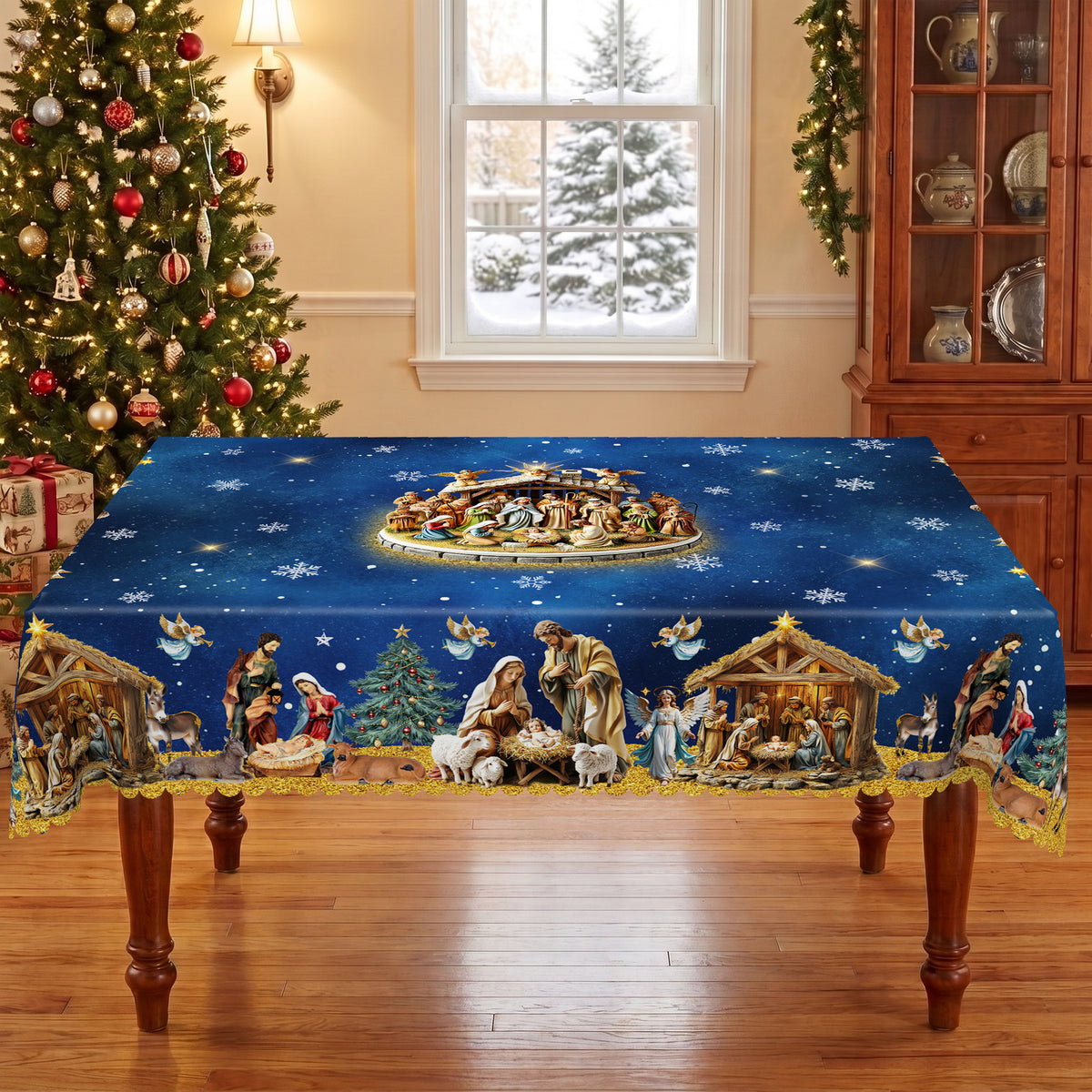 Blue Starry Nativity Tablecloth, Decorative Dining Table Cover for Dining, Holiday Parties & Christmas Decor - BS042-220 - image 3