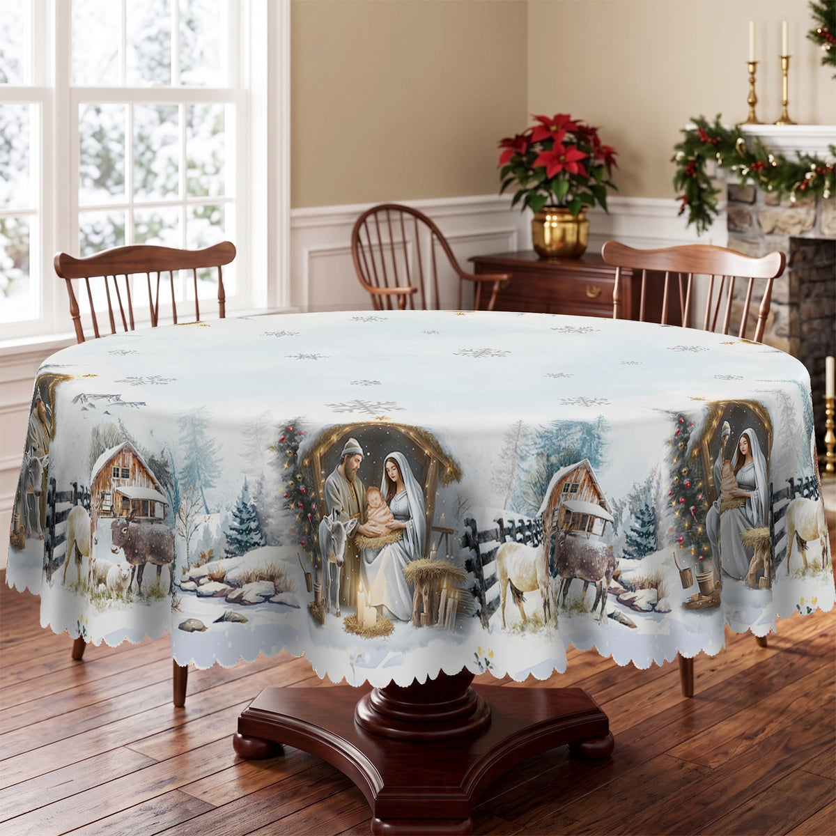 Christmas Winter Village Round Tablecloth, Decorative Dining Table Cover for Dining, Holiday Parties & Christmas Decor - BS016-152R - image 3