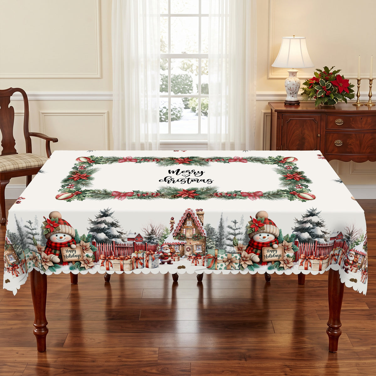 Christmas Snowman Village Tablecloth, Decorative Dining Table Cover for Dining, Holiday Parties & Christmas Decor - BS010-305 - image 3