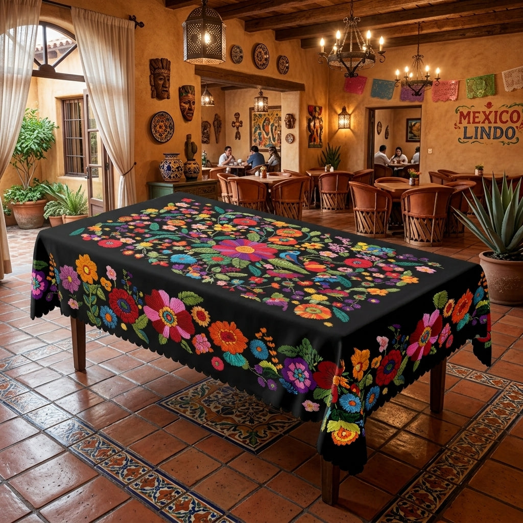 Black Mexican Floral Tablecloth, Decorative Dining Table Cover for Dining, Party & Boho Home Decor - BH015-1-140 - image 3