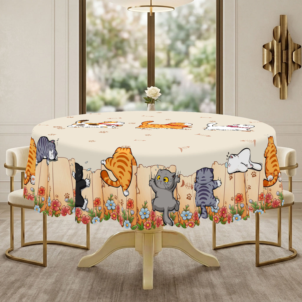 Colorful Cat & Floral Round Tablecloth, Decorative Dining Table Cover for Kitchen, Dining & Cat Lover Home Decor - M027-1-152R - image 3